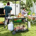 Outsunny Outdoor Bar Cart Grill Table with Stainless Steel Tabletop, Wheeled Outdoor Serving Cart Prep Table with Storage, Hooks - Image 2