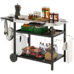 Outsunny Outdoor Bar Cart Grill Table with Stainless Steel Tabletop, Wheeled Outdoor Serving Cart Prep Table with Storage, Hooks - Image 11