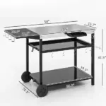 Outsunny Outdoor Bar Cart Grill Table with Stainless Steel Tabletop, Wheeled Outdoor Serving Cart Prep Table with Storage, Hooks - Image 3