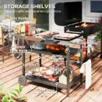 Outsunny Outdoor Bar Cart Grill Table with Stainless Steel Tabletop, Wheeled Outdoor Serving Cart Prep Table with Storage, Hooks - Image 6