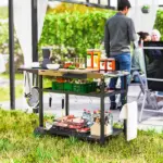 Outsunny Outdoor Bar Cart Grill Table with Stainless Steel Tabletop, Wheeled Outdoor Serving Cart Prep Table with Storage, Hooks - Image 10
