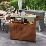 Outdoor Bar Cart with Storage, Stainless Steel Outdoor Bar Table Top, Wheeled HDPE Kitchen Island for Food Prep, Brown - Image 2
