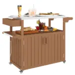 Outdoor Bar Cart with Storage, Stainless Steel Outdoor Bar Table Top, Wheeled HDPE Kitchen Island for Food Prep, Brown - Image 11