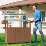 Outdoor Bar Cart with Storage, Stainless Steel Outdoor Bar Table Top, Wheeled HDPE Kitchen Island for Food Prep, Brown - Image 7