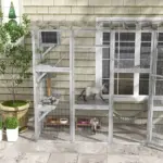 PawHut Outdoor Cat Cages Enclosures, Wooden Outdoor Cat House, Weather Protection Roof, Cat Shelter Kitten Playpen with Shelves and Bridges - Image 8