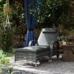 Outdoor Chaise Lounge, 5-Level Adjustable Backrest Rattan Pool Lounge Chair with Wheels, Cushion and Headrest, Gray - Image 2