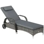Outdoor Chaise Lounge, 5-Level Adjustable Backrest Rattan Pool Lounge Chair with Wheels, Cushion and Headrest, Gray - Image 11