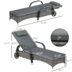 Outdoor Chaise Lounge, 5-Level Adjustable Backrest Rattan Pool Lounge Chair with Wheels, Cushion and Headrest, Gray - Image 3