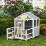 PawHut Outdoor Dog House, 61"L Wooden Dog House with Porch, Weatherproof Roof, Elevated Base, Air Vents and Observation Windows - Image 2