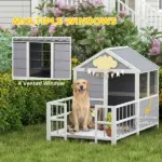 PawHut Outdoor Dog House, 61"L Wooden Dog House with Porch, Weatherproof Roof, Elevated Base, Air Vents and Observation Windows - Image 5