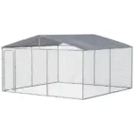 PawHut Outdoor Dog Kennel Galvanized Steel Fence with Cover Secure Lock Mesh Sidewalls for Backyard 13' x 13' x 7.5'