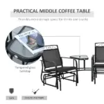 Outsunny Outdoor Glider Chairs with Coffee Table, Patio 2-Seat Rocking Chair Swing with Breathable Sling for Backyard, Garden and Porch, Black - Image 4