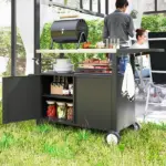 Outsunny Outdoor Grill Cart Table with Stainless Steel Top, Movable Pizza Oven Table with Foldable Side Table, Wheels - Image 2