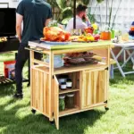 Outdoor Grill Cart with Stainless Steel Top, Solid Wood Outdoor Kitchen Island with Wheels, Storage Cabinets, Natural Wood - Image 2