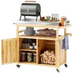 Outdoor Grill Cart with Stainless Steel Top, Solid Wood Outdoor Kitchen Island with Wheels, Storage Cabinets, Natural Wood - Image 11
