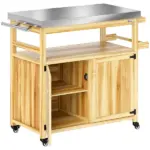 Outdoor Grill Cart with Stainless Steel Top, Solid Wood Outdoor Kitchen Island with Wheels, Storage Cabinets, Natural Wood