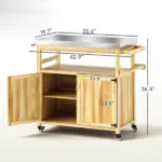 Outdoor Grill Cart with Stainless Steel Top, Solid Wood Outdoor Kitchen Island with Wheels, Storage Cabinets, Natural Wood - Image 3