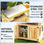 Outdoor Grill Cart with Stainless Steel Top, Solid Wood Outdoor Kitchen Island with Wheels, Storage Cabinets, Natural Wood - Image 4