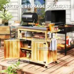 Outdoor Grill Cart with Stainless Steel Top, Solid Wood Outdoor Kitchen Island with Wheels, Storage Cabinets, Natural Wood - Image 5