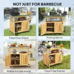 Outdoor Grill Cart with Stainless Steel Top, Solid Wood Outdoor Kitchen Island with Wheels, Storage Cabinets, Natural Wood - Image 7