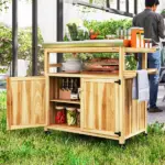Outdoor Grill Cart with Stainless Steel Top, Solid Wood Outdoor Kitchen Island with Wheels, Storage Cabinets, Natural Wood - Image 10