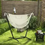 Outsunny Outdoor Hammock Chair with Stand, Swing Hanging Lounge, Cream White with Side Pocket and Headrest - Image 2