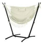 Outsunny Outdoor Hammock Chair with Stand, Swing Hanging Lounge, Cream White with Side Pocket and Headrest