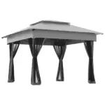 Outdoor Patio Pop Up Canopy Gazebo Shelter with Zipper Netting, Carry Bag, 10.7'x10.7'x8.9', Light Gray - Image 11
