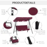 Outsunny Outdoor Patio Swing Chair with Adjustable Tilt Canopy and Removable Cushion, Red - Image 7