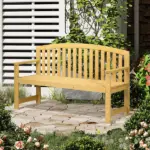 Outdoor Patio Wood Bench 56 2-Seater Slatted Seat Backrest Arm Rests Natural - Image 2