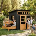 Qaba Outdoor Playhouse, Wooden Kids Playhouse with Picnic Table and Benches, Chalkboards, Half Door, Windows, for Kids Ages 3-8 - Image 2