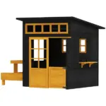 Qaba Outdoor Playhouse, Wooden Kids Playhouse with Picnic Table and Benches, Chalkboards, Half Door, Windows, for Kids Ages 3-8