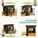 Qaba Outdoor Playhouse, Wooden Kids Playhouse with Picnic Table and Benches, Chalkboards, Half Door, Windows, for Kids Ages 3-8 - Image 6
