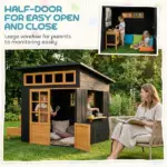 Qaba Outdoor Playhouse, Wooden Kids Playhouse with Picnic Table and Benches, Chalkboards, Half Door, Windows, for Kids Ages 3-8 - Image 8