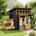 Qaba Outdoor Playhouse, Wooden Kids Playhouse with Picnic Table and Benches, Chalkboards, Half Door, Windows, for Kids Ages 3-8 - Image 10