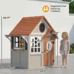 Outdoor Playhouse, Wooden Kids Playhouse with Dog Door, Cookware, Blackboard, Clock, Tic-Tac-Toe Roller for Backyard - Image 2