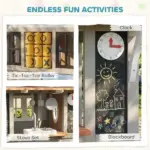 Outdoor Playhouse, Wooden Kids Playhouse with Dog Door, Cookware, Blackboard, Clock, Tic-Tac-Toe Roller for Backyard - Image 3