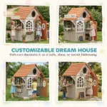 Outdoor Playhouse, Wooden Kids Playhouse with Dog Door, Cookware, Blackboard, Clock, Tic-Tac-Toe Roller for Backyard - Image 5