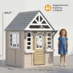 Outdoor Playhouse, Wooden Kids Playhouse with Dog Door, Cookware, Planter Box, Bell, Blackboard, Clock for Backyard - Image 2