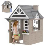 Outdoor Playhouse, Wooden Kids Playhouse with Dog Door, Cookware, Planter Box, Bell, Blackboard, Clock for Backyard