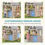 Outdoor Playhouse, Wooden Kids Playhouse with Dog Door, Cookware, Planter Box, Bell, Blackboard, Clock for Backyard - Image 5