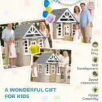 Outdoor Playhouse, Wooden Kids Playhouse with Dog Door, Cookware, Planter Box, Bell, Blackboard, Clock for Backyard - Image 7