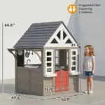Outdoor Playhouse, Wooden Kids Playhouse with Dog Door, Flower Box, Cookware and Window for Garden Ages 2+, Gray - Image 2