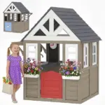 Outdoor Playhouse, Wooden Kids Playhouse with Dog Door, Flower Box, Cookware and Window for Garden Ages 2+, Gray