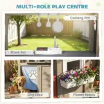 Outdoor Playhouse, Wooden Kids Playhouse with Dog Door, Flower Box, Cookware and Window for Garden Ages 2+, Gray - Image 3
