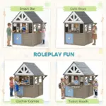 Outdoor Playhouse, Wooden Kids Playhouse with Dog Door, Flower Box, Cookware and Window for Garden Ages 2+, Gray - Image 5