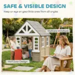 Outdoor Playhouse, Wooden Kids Playhouse with Dog Door, Flower Box, Cookware and Window for Garden Ages 2+, Gray - Image 6