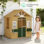 Qaba Wooden Outdoor Kids Playhouse with Door 3 Windows and 2 Flower Boxes Brown Ages 3-8 - Image 2