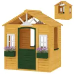 Qaba Wooden Outdoor Kids Playhouse with Door 3 Windows and 2 Flower Boxes Brown Ages 3-8
