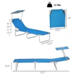 Outdoor Pool Chaise Lounge Chair, Folding Tanning Chair with Sun Shade, Blue - Image 3